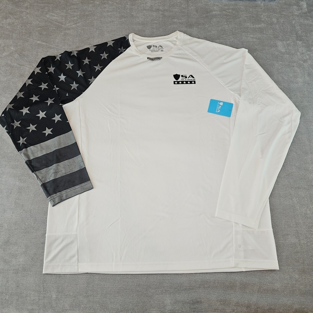 SA Company Shirt Mens Mesh White Black Long Sleeve Fishing USA Flag Arm 2X UPF50